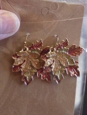 Gold-Tone Maple Leaf Drop Earrings with Red and Green Enamel